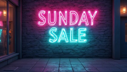 A striking neon sign illuminates a brick wall with the words SUNDAY SALE in vibrant pink and blue hues. This eye-catching display creates an inviting atmosphere, perfect for attracting shoppers and