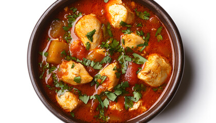 Fototapeta premium Bowl of delicious chicken curry on white background, top view