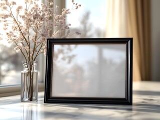 Fototapeta premium Black Frame Mockup: A stylish black photo frame sits on a marble surface, next to a vase of dried flowers, bathed in soft sunlight streaming through a nearby window.