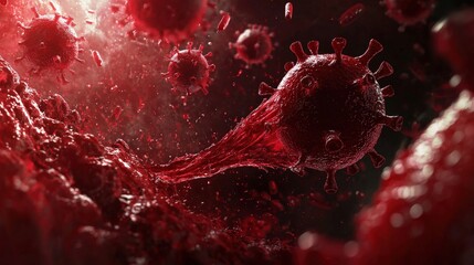 Abstract depiction of microscopic viruses floating in a dark red environment, illustrating infection and disease spread