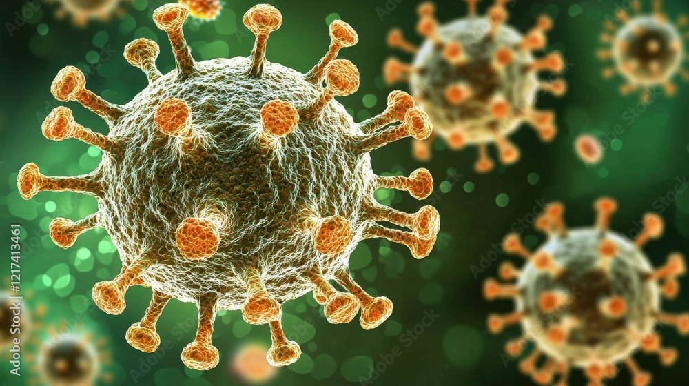 Aufkleber close-up view of virus structure with spikes against a soft green background illustrating microscopi