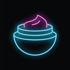 Blue and pink neon sign representing open cosmetic cream jar on black background
