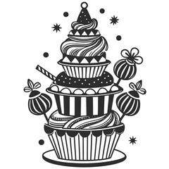 A Whimsical Cupcake Tower With Playful Details High Quality Editable Vector Design And Illustration
