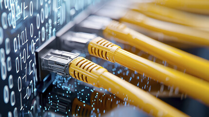High quality close up of yellow network cables connected to data switch, showcasing digital binary code in background