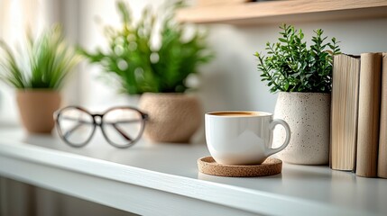 Coffee cup, plants, glasses, and books on a shelf.