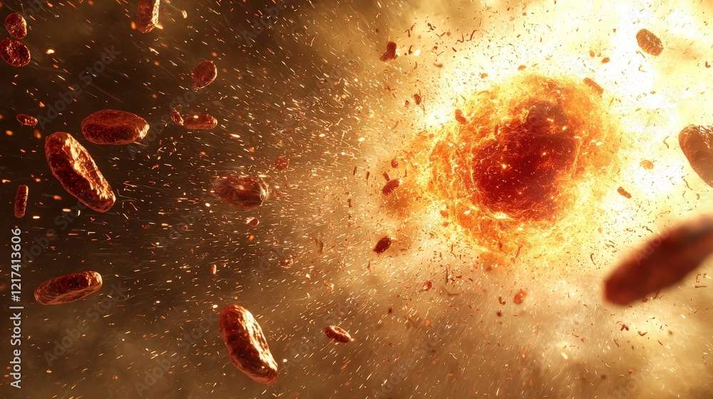 Poster explosive cosmic event with fiery orb and space debris in an energetic stellar environment