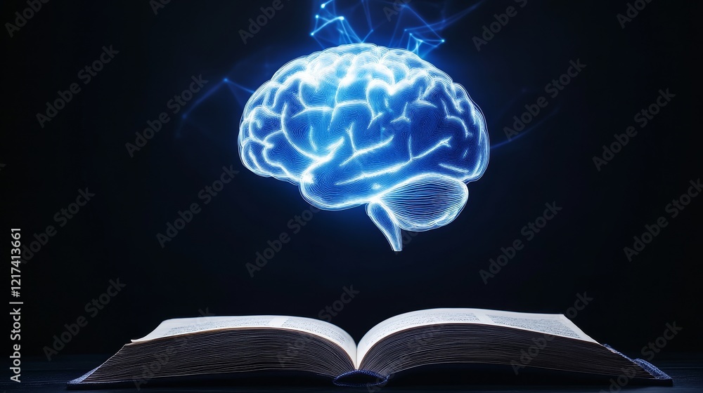 Poster brainpower: knowledge and insight - a glowing brain floats above an open book, symbolizing learning,