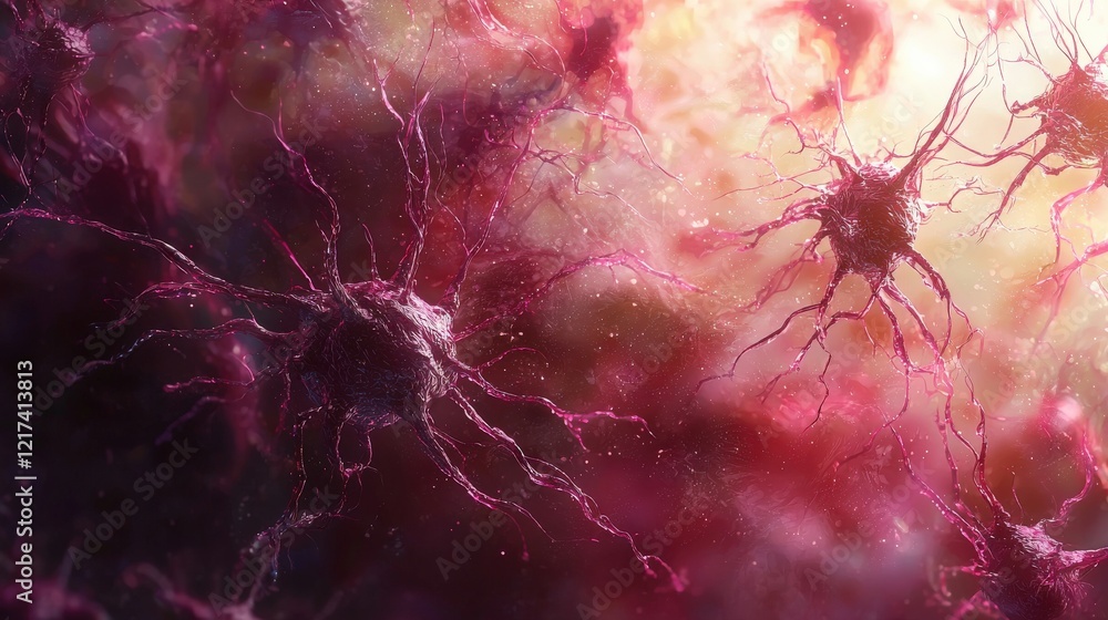 Poster close-up view of abstract neurons with colorful background and intricate details representing neural