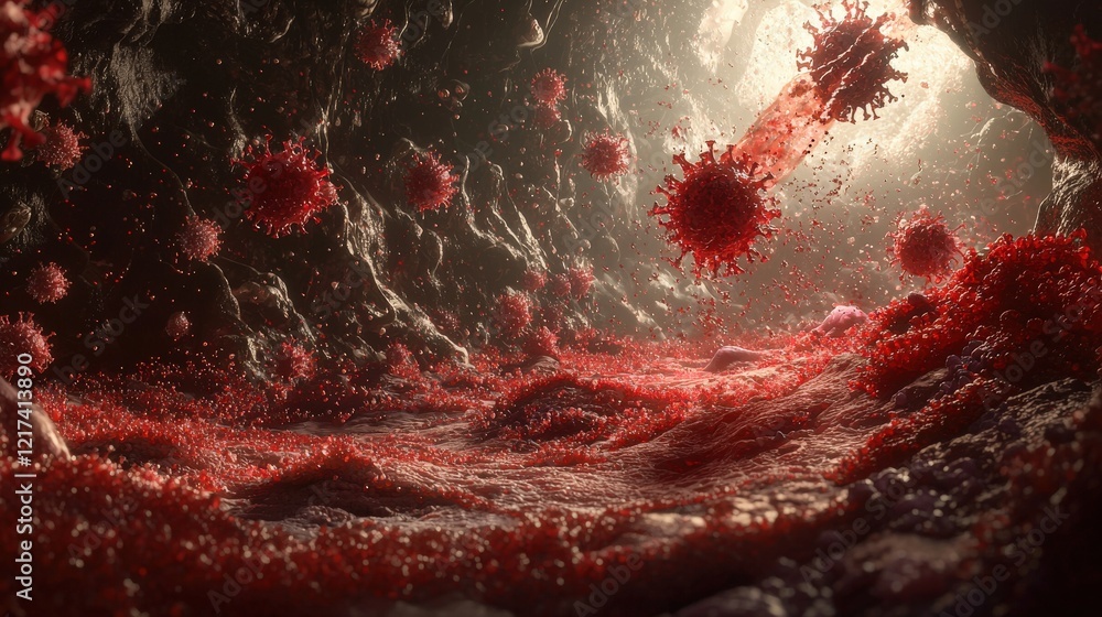 Poster abstract depiction of a microscopic scene showcasing viruses and bacteria in a dark, textured enviro