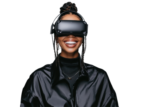 Isolated Woman Wearing VR Headset and Smiling