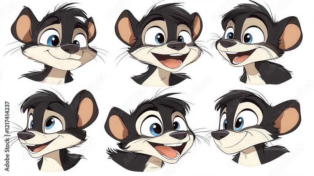 Poster charming cartoon character expressions with joyful features and playful smiles in various angles and