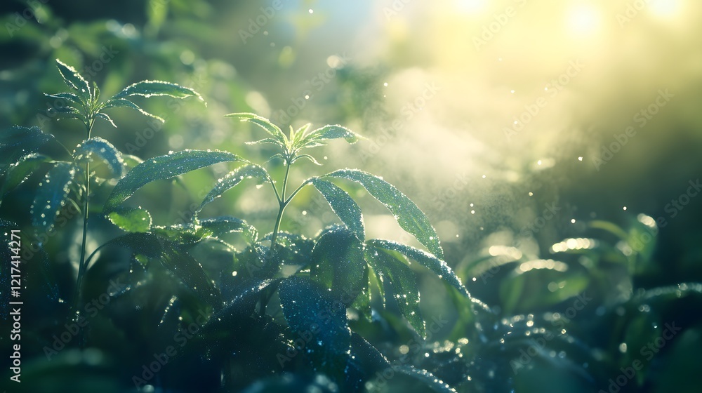 Aufkleber dew-covered green leaves glisten in soft morning light, creating a serene and tranquil atmosphere am