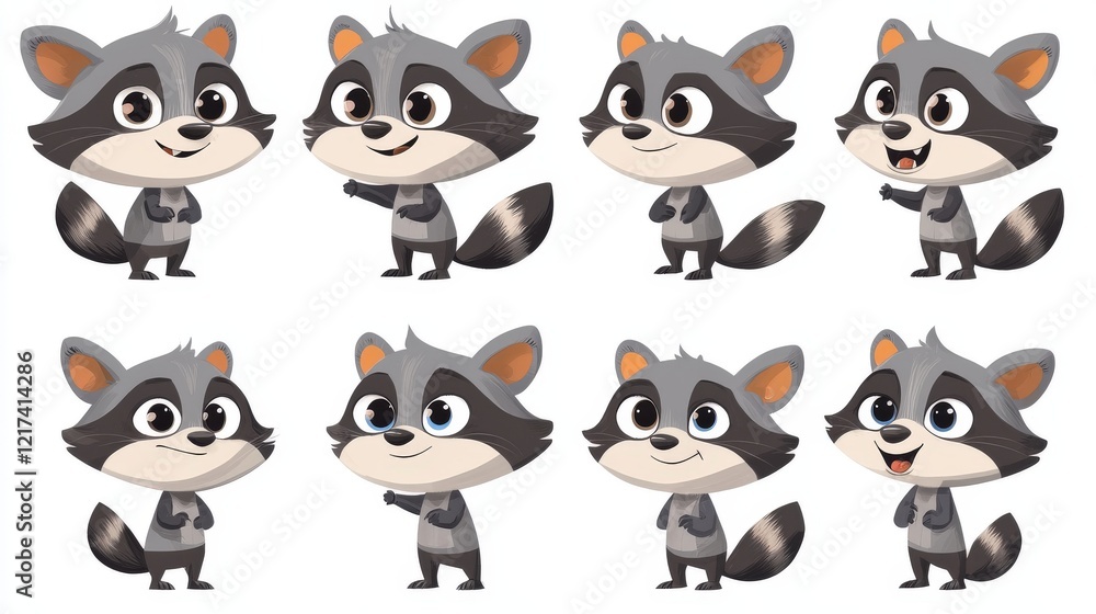 Aufkleber charming cartoon raccoons displaying various emotions and expressions in a playful animated style