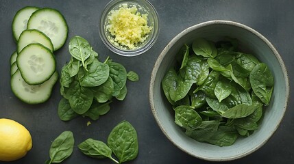 Obraz premium Green salad with cucumber, spinach and mozzarella in bowl on dark background. Top view