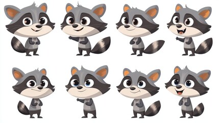 Obraz premium Charming Cartoon Raccoons Displaying Various Emotions and Expressions in a Playful Animated Style
