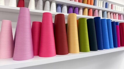 Brightly Colored Yarn Rolls in Vibrant Display - Colorful yarn cones, textile industry, craft supplies, vibrant hues, creative potential.  A symbol of artistry, resourcefulness, and colorful expressio