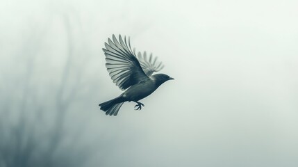 Obraz premium Bird struggling to fly through thick smog, muted natural colors, symbolic of wildlife impacted by air pollution.