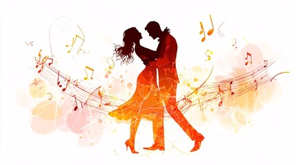 Obraz premium Romantic Dance Silhouette with Music Notes and Colorful Swirls