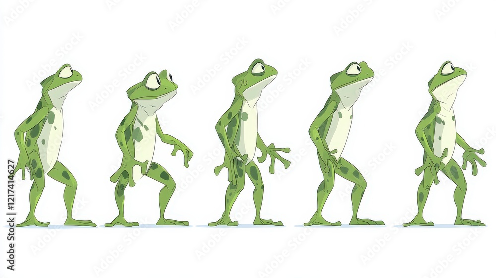 Poster cartoon frog character animation sequence displaying various poses for creative projects and illustr