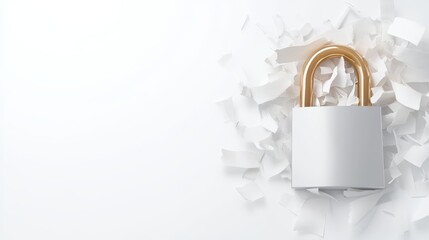 Fototapeta premium Broken Padlock Amidst Shredded Paper - Conceptual image symbolizing vulnerability, data breach, security compromise, information destruction, and shattered trust.