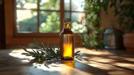 Olive oil bottle sunlight kitchen window