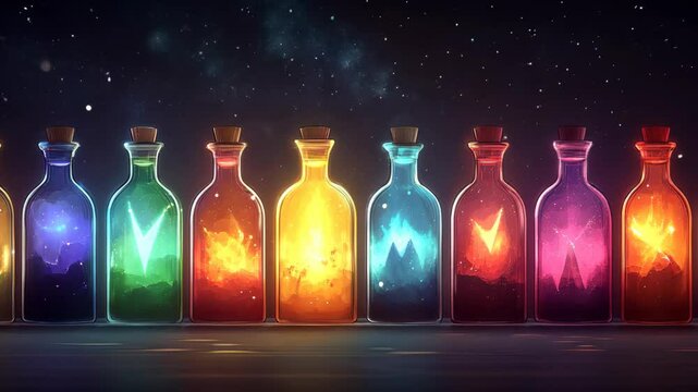 Creative display of colorful potion bottles against a dark starry background with glowing liquid swirls