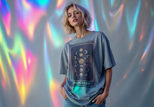 Oversized T-shirt Mockup on an Holographic Background