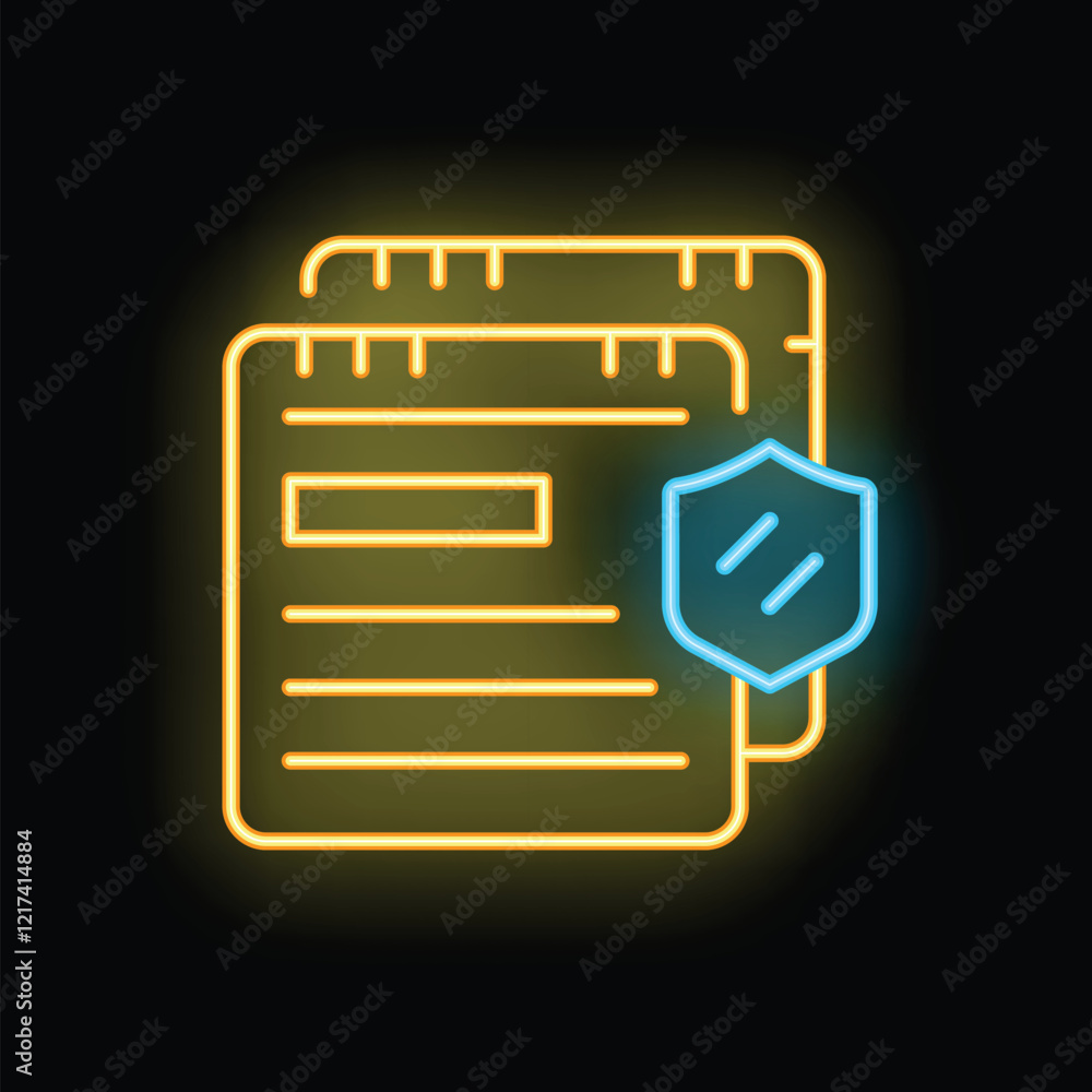 Poster neon glowing icon of documents being protected by a shield, representing data security