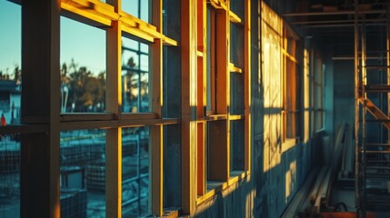 Obraz premium Golden hour sunlight through window frames in a building under construction.