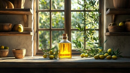 Olive oil bottle, rustic kitchen, sunlit window, olives