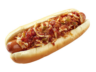 Isolated Hot Dog with Chili and Onions
