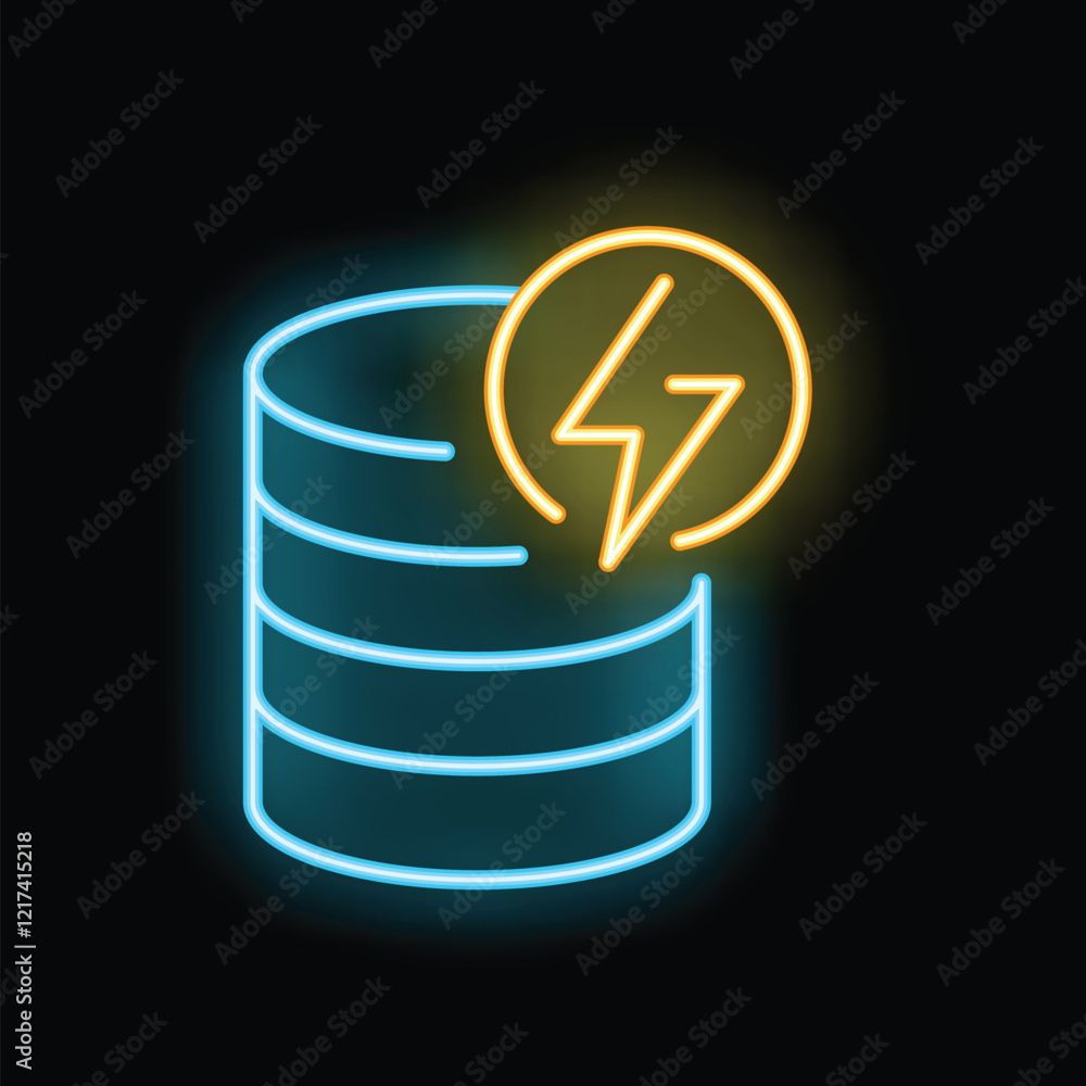 Poster neon sign depicting a database with a lightning bolt, representing the concept of fast data processi