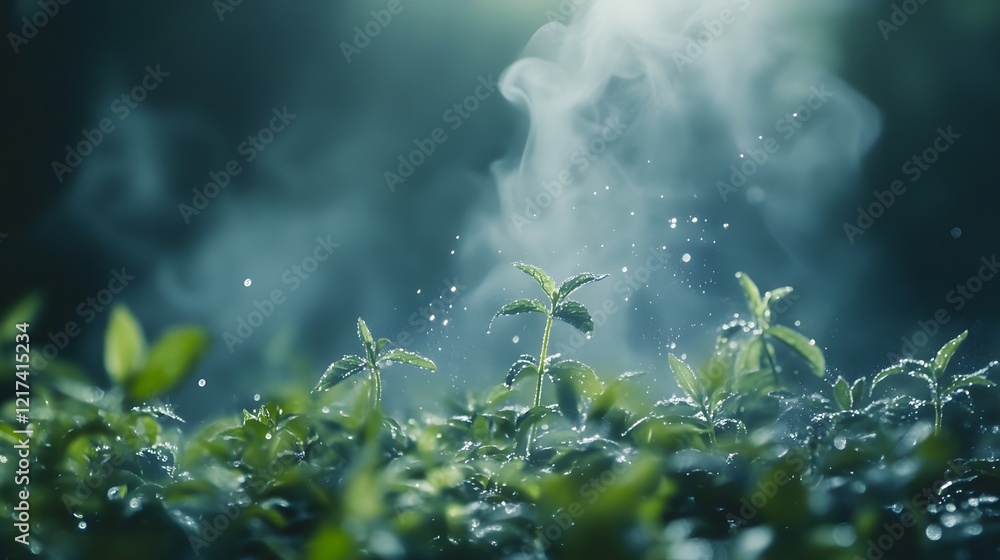 Poster lush green plants surrounded by mist and dew drops illuminated by soft light in a serene ambient env
