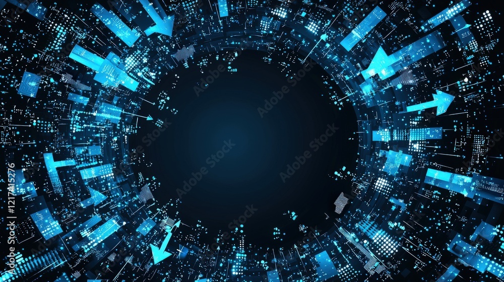 Poster futuristic digital cityscape with blue arrows and data patterns depicting technology and innovation 