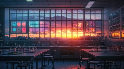 Sunset view from a modern science lab.
