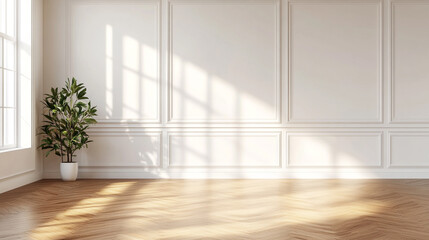 Empty room white wall and light wooden floor texture background. Copy space background with blank white wall and wooden floor below for text or ads