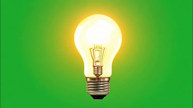 light bulb turning on symbolizing ideas and innovation, glowing filament inside with warm light, solid green screen background 