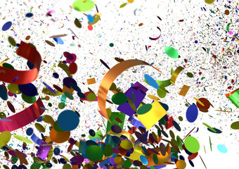 Abstract 3D rendering of colorful confetti exploding on a white background. Perfect for...