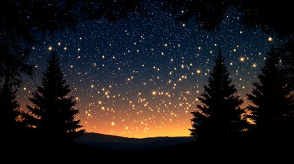 Naklejka premium Starry Night Over the Forest: Breathtaking Landscape