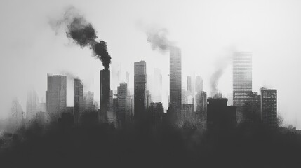 Black and white illustration of a city drowning in smog, abstract and minimalist, representing industrial pollution. 