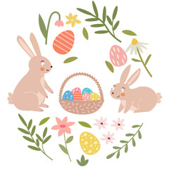 Two rabbits and a basket of Easter eggs with flowers and plants