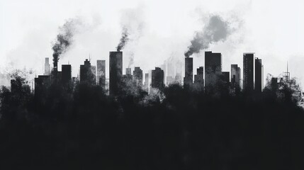 Obraz premium Black and white illustration of a city drowning in smog, abstract and minimalist, representing industrial pollution. 
