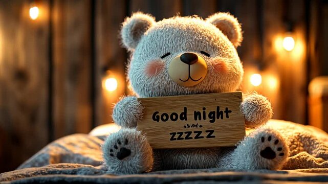 Plush teddy bear holding nighttime sign, resting near soft blanket and warm bedside lamp in comfortable bedroom