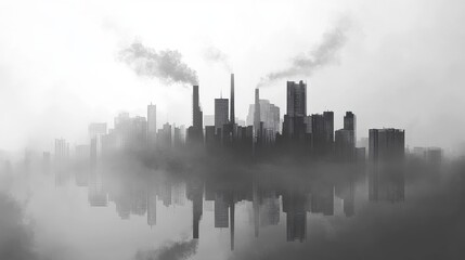 Fototapeta premium Black and white illustration of a city drowning in smog, abstract and minimalist, representing industrial pollution. 