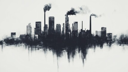 Fototapeta premium Black and white illustration of a city drowning in smog, abstract and minimalist, representing industrial pollution. 