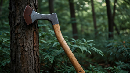 Wooden Table with Axe and Tools in Forest Environment