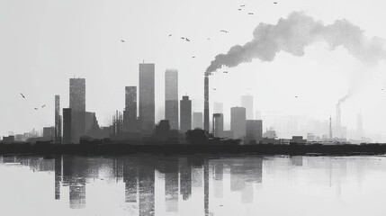 Obraz premium Black and white illustration of a city drowning in smog, abstract and minimalist, representing industrial pollution. 