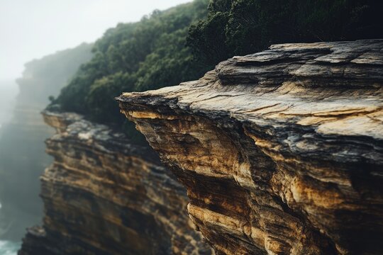 A dramatic cliff edge overlooking a foggy coastline, showcasing layered rock formations and lush greenery. - Powered by Adobe