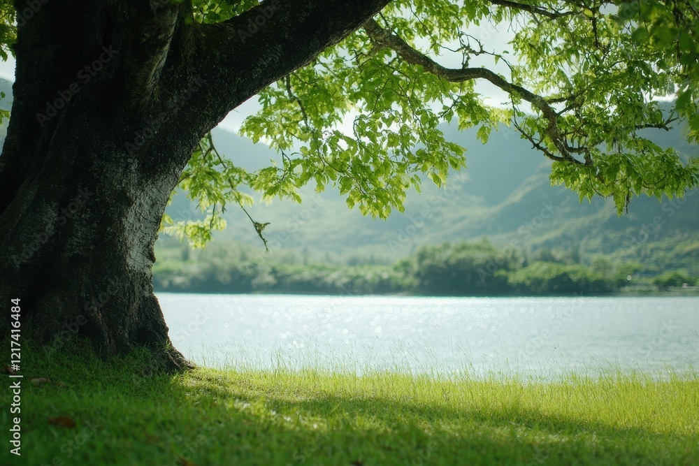 Poster scenic view of a big tree and green grass on a field by the lake with shallow depth of field . tree,