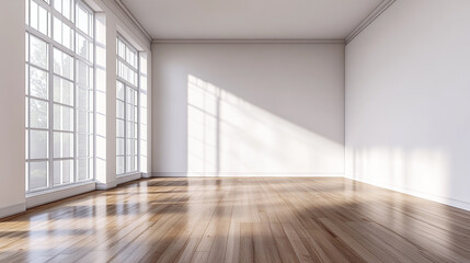 Minimalist empty room featuring clean white walls and natural wooden floorboards, White wall oak floor